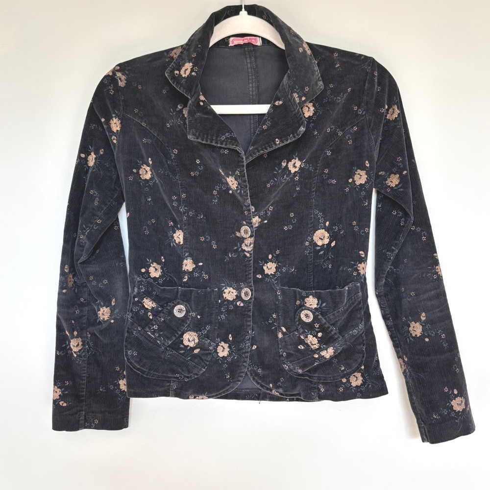 Vintage Corduroy Jacket Floral Pockets Boho Retro Hippie Black Women's Small